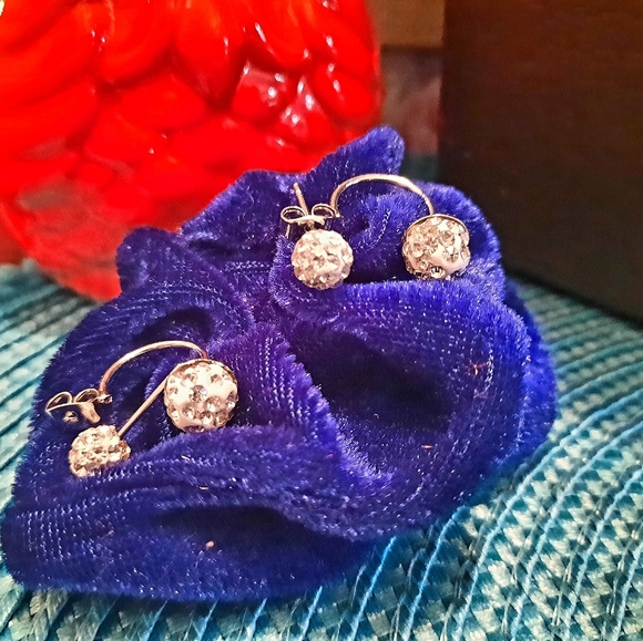 Silver Double Beaded Crystal Stud Earrings - Picture 3 of 13